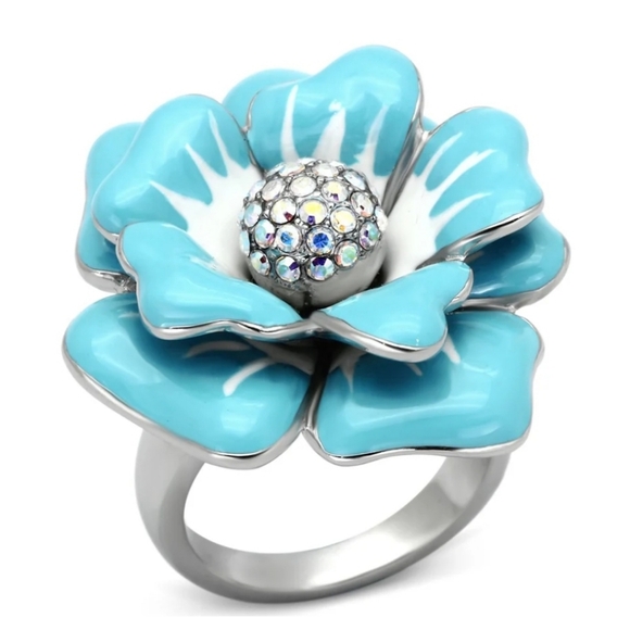 NWT Size 8 Luxe Jewelry Designs Stainless Steel Flower Ring w Aurora B Crystals - Picture 1 of 5
